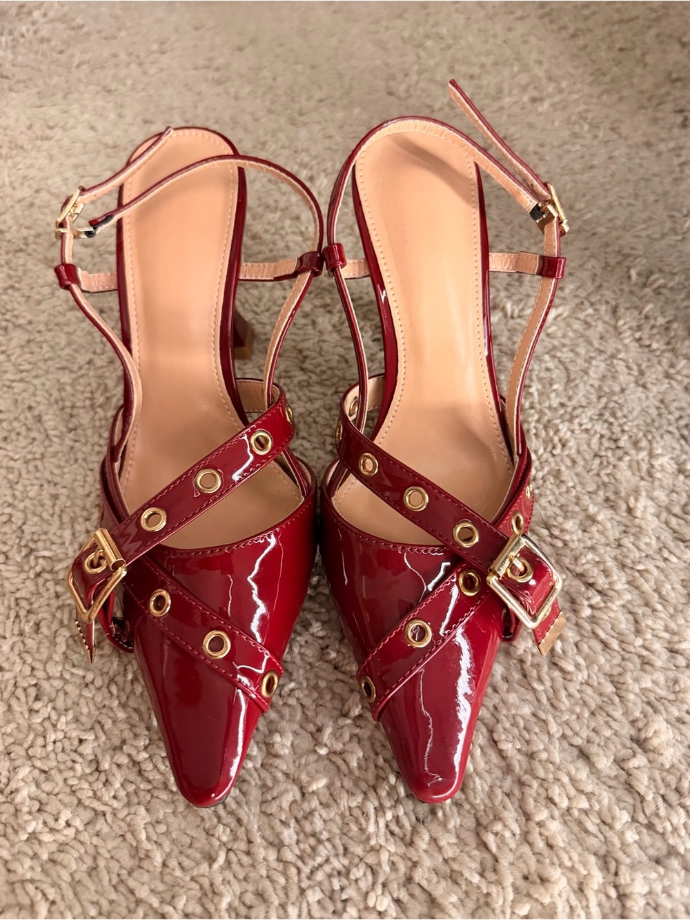 SHEIN Burgundy Patent Pointed Slingback Heels with Gold Buckle Accents